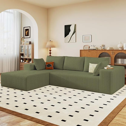96" Modular Sectional Sofa, Modern Corduroy Cloud Couch with Deep Seat, Boneless Couch Upholstered 3-Seater L-Shaped Sofa for Living Room, No Assembly Required (Green, Left-Facing Chaise)