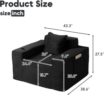 Boneless Sofa Couch with Cup Holders & Side Pockets, Modern Corduroy Fabric Deep Seat Single Cloud Couch for Reading Living Room Office, No Assembly (Black)