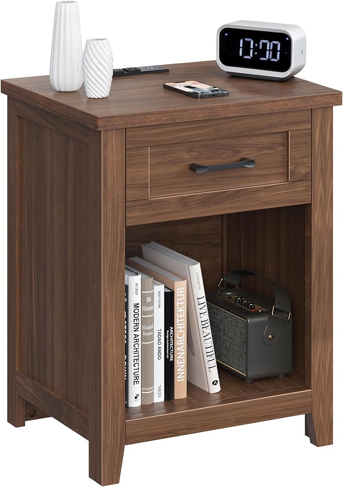 Decofy Farmhouse Nightstand with Charging Station & Large Storage, Modern End Tables with Outlets, USB Ports and Type-C Ports, Easy Assembly for Bedroom (Walnut)