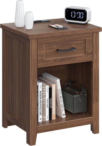Decofy Farmhouse Nightstand with Charging Station & Large Storage, Modern End Tables with Outlets, USB Ports and Type-C Ports, Easy Assembly for Bedroom (Walnut)