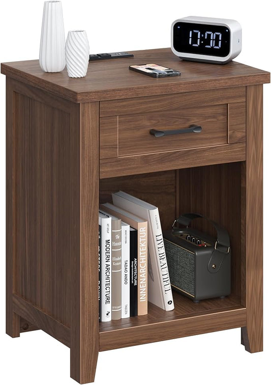 Decofy Farmhouse Nightstand with Charging Station & Large Storage, Modern End Tables with Outlets, USB Ports and Type-C Ports, Easy Assembly for Bedroom (Walnut)