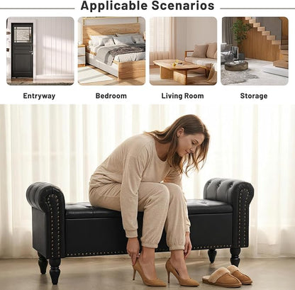 Furniliving 51” End of Bed Bench, Bedroom Bench with Button-Tufted, Large Upholstered Storage Ottoman Benches Entryway Bench with Storage Shoe Cabinet Bench, for Bedroom, Living Room, PU, Black