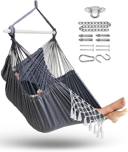 MIZTLI Hammock Chair Hanging Chair Swing Chair XXL Large Macrame Swing Indoor Hammock for Bedroom - Max 500 Lbs - All Hanging Kit Included