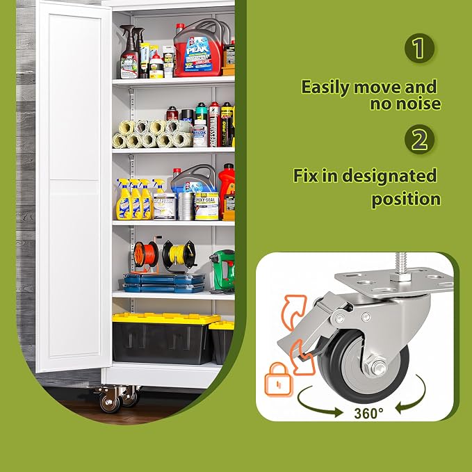 Metal Garage Storage Cabinet with Wheels, Rolling Storage Cabinet with Lock, Steel Cabinets with 2 Doors and 3 Adjustable Shelves for Garage, Home,Office, White