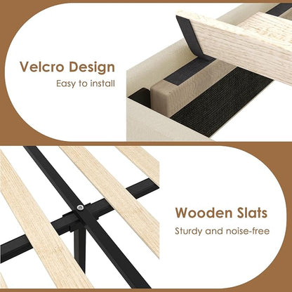 VECELO Twin Size Platform Bed Frame with Height Adjustable Upholstered Headboard, Modern Mattress Foundation,Strong Wood Slat Support, No Box Spring Needed, Easy Assembly, Beige