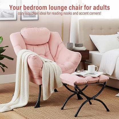 Furlide Lazy Chair with Ottoman, Modern Chair with Folding Footrest, Lounge Accent Chair, Comfortable Reading Chair, Oversized Armchairs for Bedroom, Study, Living Room, Courtyard (Pink)