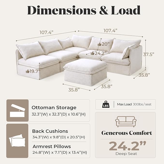 Cloud Modular Corner Sectional, Oversized Deep Seat Comfort, Linen Blend | Fully Removable Washable Covers, Memory Foam Seat Cushions, Storage Ottoman, Premium Fabric