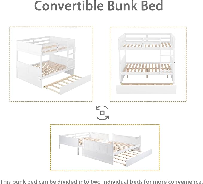 Merax Trundle Bunk Bed, Full Over Full Wood Bunk Bed with Twin Size Trundle, Guardrail and Ladder, Can be Separated into 2 Beds, White