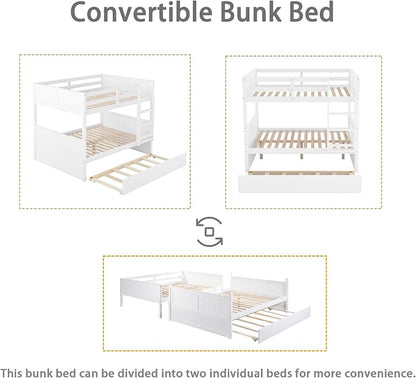 Merax Trundle Bunk Bed, Full Over Full Wood Bunk Bed with Twin Size Trundle, Guardrail and Ladder, Can be Separated into 2 Beds, White