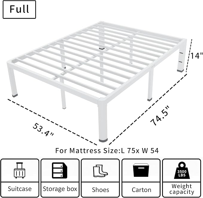 ROIL 14 Inch White Full Size Bed Frame with Rounded Corner and Headboard Hole Mattress Retainers 3500LBS Heavy Duty Steel Slats No Box Spring Needed Platform Noise-Free Easy Assembly