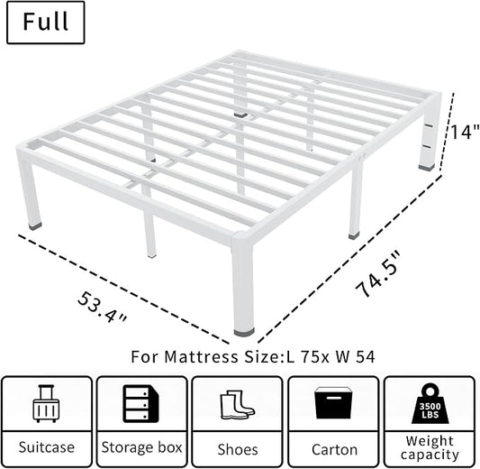 ROIL 14 Inch White Full Size Bed Frame with Rounded Corner and Headboard Hole Mattress Retainers 3500LBS Heavy Duty Steel Slats No Box Spring Needed Platform Noise-Free Easy Assembly