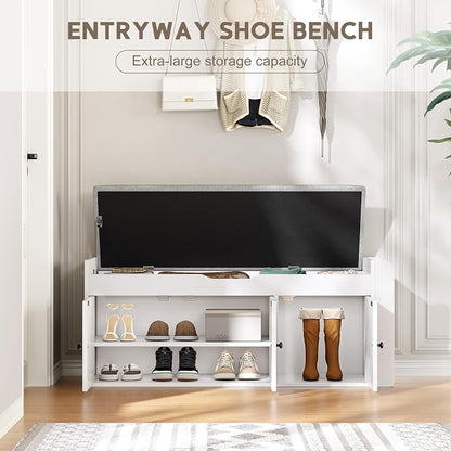 42.6" Entryway Shoe Storage Bench with Padded Seat, 3 Doors and Side Shelves, Lift Top Storage Bench for Shoes, Hallway, Bedroom, Living Room, White