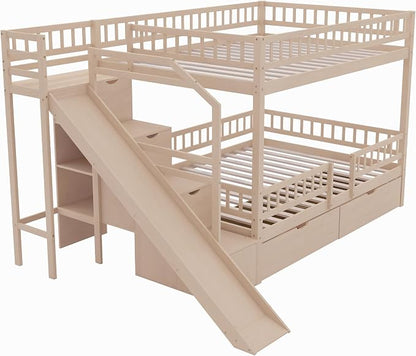 Full Over Full Bunk Bed with Slide and Staircase