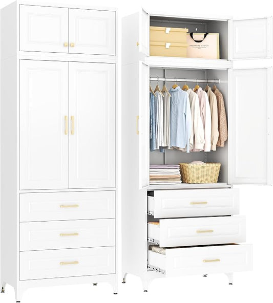 SteeLoong 86" Metal Armoire Wardrobe Closet with 3 Drawers,Tall Clothing Storage Cabinet with Adjustable Shelves and Hanging Rod,White Wardrobe Closet for Bedroom,Home,Bathroom,Gym