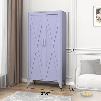 Purple Metal Pantry Cabinet with Lock,Freestanding Steel Storage Locker with 3 Adjustable Shelves,Heavy Duty Metal Storage Cabinet for Kitchen, Living Room,Laundry,Garage 61" H X 27.6" W X 13.8" D
