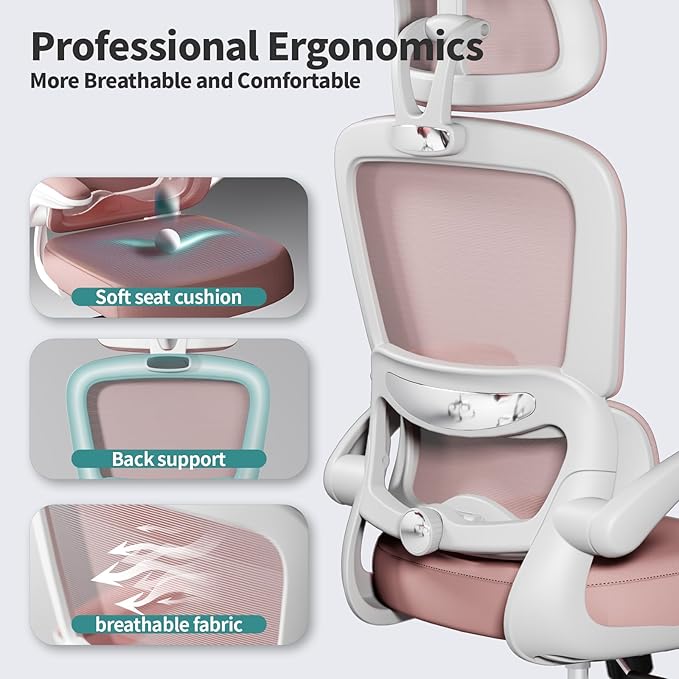 TRALT Office Chair Ergonomic Desk Chair, 330 LBS Home Mesh Office Desk Chairs with Wheels, Comfortable Gaming Chairs (1, Pink)