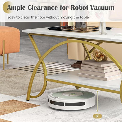 Giantex 2-Tier Rectangular Coffee Table, Faux Marble Table with Open Storage Shelf, Gold Finished Metal Frame, Modern Center Table for Living Room, Reception Room (White+Gold)