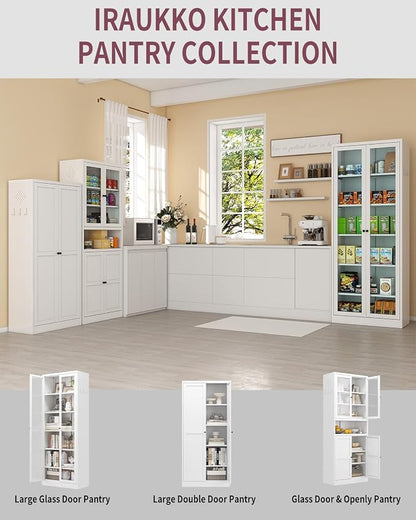 Kitchen Pantry Cabinet with Glass Doors, 72" Metal Storage Cabinet with 4 Adjustable Shelves, Kitchen Pantry with Hooks for Home, Living Room, Assemble Required (White)