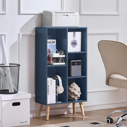 LEYAOYAO 5 Cube Bookshelf 3-Tier Bookcase with Legs,Mint Dark Blue Kids Book Shelf Cute Storage Organizer,Free Standing Open Toy Shelves Wood Bookshelves,Display Bookcases for Bedroom,Living Room