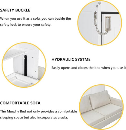 Queen Horizontal Murphy Bed with Sofa and Storage Shelves,LED Light,Solid Wood Space Saving Hideaway Murphy Wall Bed with Couch and Storage for Adults (Beige,Queen)