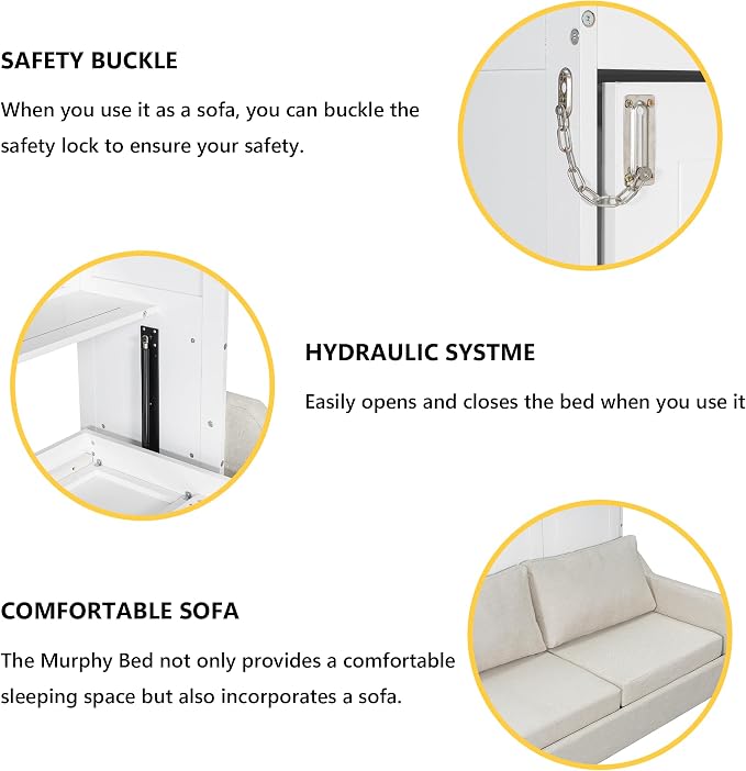MERITLINE Full Horizontal Murphy Bed with Sofa and Storage Shelves, LED Light, Solid Wood Space Saving Hideaway Murphy Wall Bed with Couch and Storage for Adults (Beige,Full)