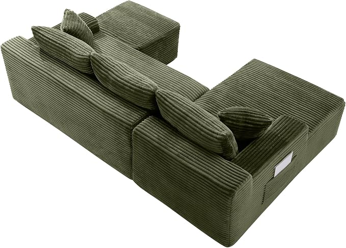 95-Inch U-Shaped Left Facing Corner Compressed Sofa Modular Sectional Boneless Cloud Sofa Floor Foam Couch W/Chaise Lounge & Ottoman, Corduroy Corner Boneless Cloud Couch