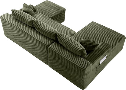 95-Inch U-Shaped Left Facing Corner Compressed Sofa Modular Sectional Boneless Cloud Sofa Floor Foam Couch W/Chaise Lounge & Ottoman, Corduroy Corner Boneless Cloud Couch