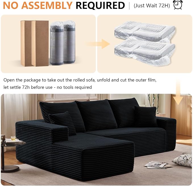 Sectional Couches for Living Room Cloud Couch Sofa with L-Shape Couch in a Box Upholstered Boneless Couchs Modern Modular Sectional Couch with Chaise(Black,3 Seater-Right-Facing Chaise-96)