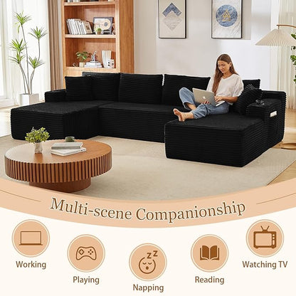 125" Modular Sectional Sleeper Sofa, Boneless Cloud Couch for Living Room, U Shaped 5 Seat Sofa with 2 Storage Pockets& 2 Cup Holders, Free Combination, No Assembly Required (Black, 125")