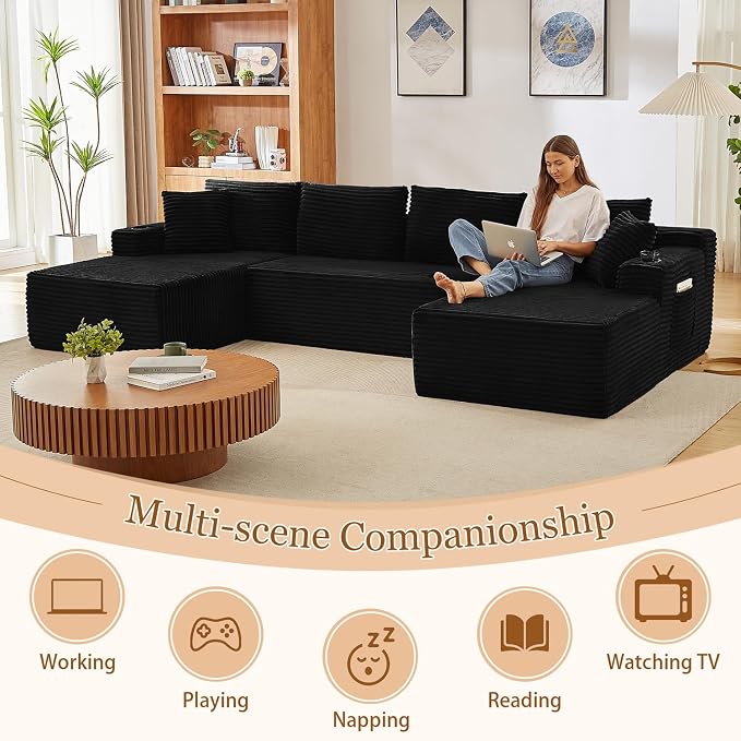 134 Inch Modular Sectional Sleeper Sofa, Boneless Cloud Couch for Living Room, U Shaped 5 Seat Sofa with 2 Storage Pockets& 2 Cup Holders, Free Combination, No Assembly Required (Black)