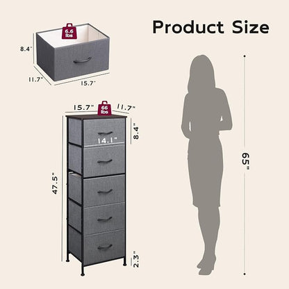 WLIVE Fabric Dresser, 5-Drawer Tall Dressers for Bedroom, Storage Dresser Organizer with Fabric Bins, Wood Top, Sturdy Steel Frame, Chest of Drawers for Closet, Hallway, Dark Grey