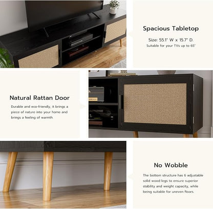 ZttRiee TV Stand with Rattan Doors for TVs up to 65", Mid-Century, Black | 54.7"W x 15.7"D x 18.9"H, 150 lbs capacity, 2 rattan-door cabinets & 1 shelf (4 compartments), 2 cord holes, 6 wood feet