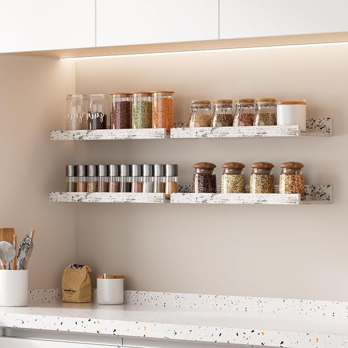upsimples Floating Shelves for Wall, Wall Shelves for Decor Storage Set of 6, Wall Mounted Wood Shelf for Bedroom, Living Room, Bathroom, Kitchen, Picture Ledge Shelf, Rustic White