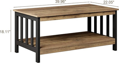 ChooChoo Farmhouse Coffee Table, Living Room Table with Shelf, 40 Rustic Oak & Black