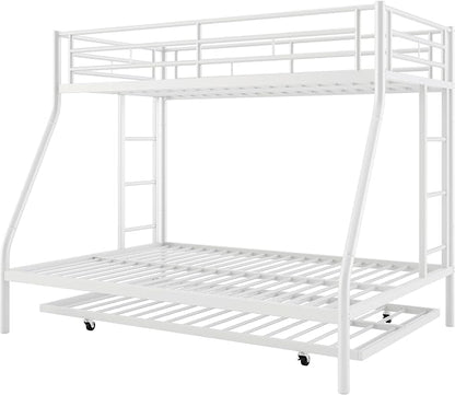 Nuturelly Metal Bunk Bed Twin Over Full with Trundle, Heavy Duty Steel Frame Bunk Bed Frame with Safety Guardrails & Ladder, Space Saving 3 Beds for Kids, Teens, Dorm, White