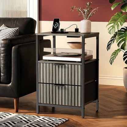 VINGLI Night Stand Set 2 with Charging Station and Fabric Drawers, Fluted Grey Night Stand Set of 2, Gray Nightstand with Drawers, Grey Bedside Tables/End Tables for Bedroom, 14.96"W*11.81"D*23.78"H