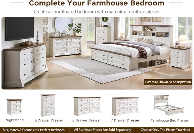 Farmhouse King Size Bed Frame with 54" Tall Storage Bookcase Headboard, Wood Platform Bed Frame with 2 Drawers & 18" Tall Roman Column Decoration Footboard, No Box Spring Needed(Antique White)