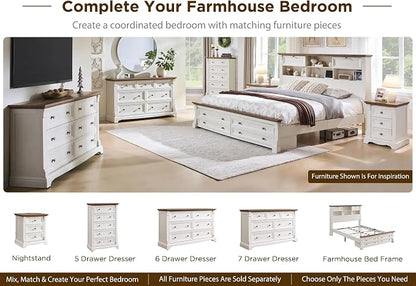 Farmhouse King Size Bed Frame with 54" Tall Storage Bookcase Headboard, Wood Platform Bed Frame with 2 Drawers & 18" Tall Roman Column Decoration Footboard, No Box Spring Needed(Antique White)