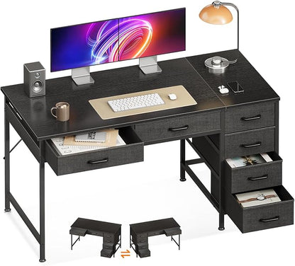 Casaottima 48 Inch Computer Desk with 6 Drawers, Reversible Storage Desk for Home Office, Work Study Table for Bedroom, Black
