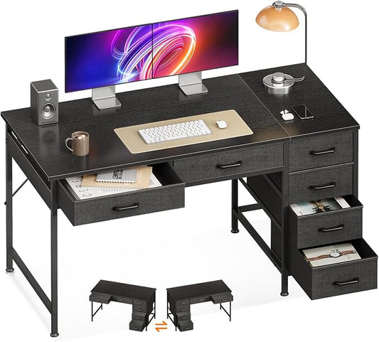 Casaottima 48 Inch Computer Desk with 6 Drawers, Reversible Storage Desk for Home Office, Work Study Table for Bedroom, Black