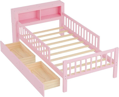 Kids Twin Size Bed Frame with Storage Drawers and Bookcase,Wood Twin Bed Frames for Kids,Twin Bed Frame with Headboard and Footboard for Boys Girls,No Box Spring Needed,Pink