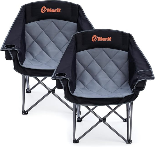 EMERIT 2 Pack Oversized Padded Camping Chairs, Heavy Duty 450 LBS Capacity Outdoor Folding Quad Chair with Cup Holder, Portable for Camping, Tailgating, Sports, Backyard & Patio, Black