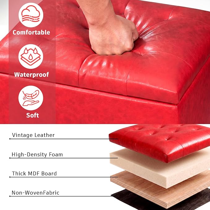 Joveco Leather Storage Ottoman, 24" Rectangle Square Bench Foot Rest Stool for Bedroom Living Room, Red