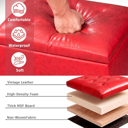 Joveco Leather Storage Ottoman, 24" Rectangle Square Bench Foot Rest Stool for Bedroom Living Room, Red