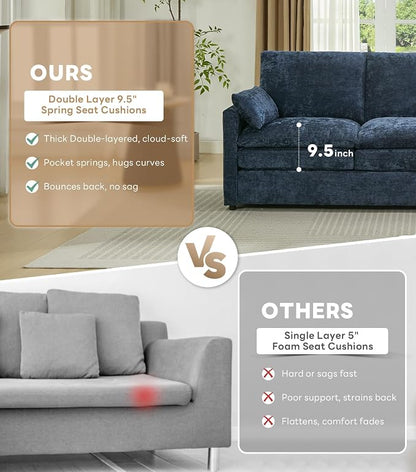 Iroomy Loveseat & 3 Seater, Chenille Cloud Couch, Modern Sofa, Comfy Plush Thick Cushions, Pocket Springs, Cloud-Like Comfort Sofas, Living Room Furniture Sets, Blue