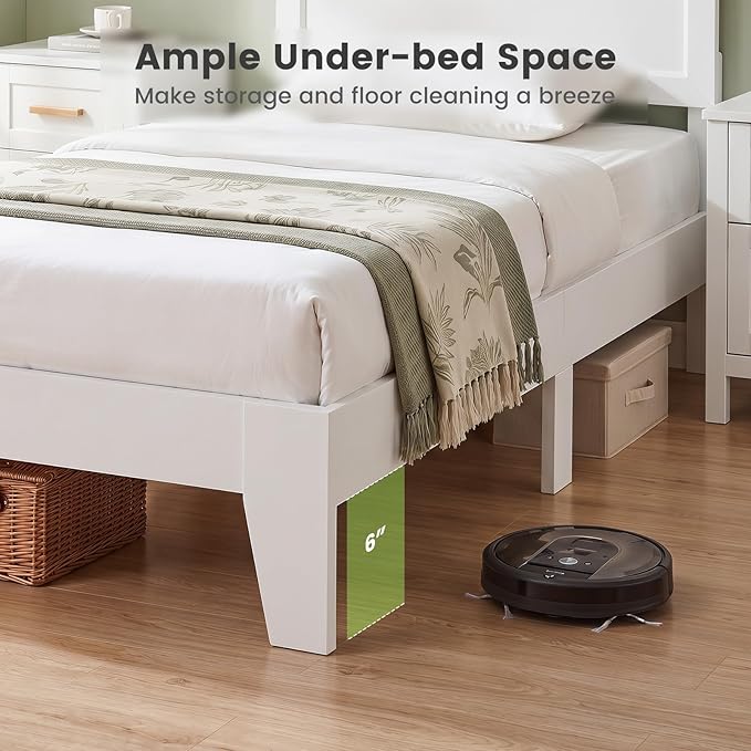 KOMFOTT Twin Size Bed Frame, Modern Platform Bed with Headboard, Wooden Slat Support Mattress Foundation, Under-Bed Storage Space, No Box Spring Needed (White,Twin)