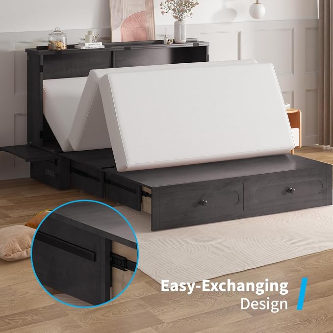 Mjkone Murphy Cabinet Bed Queen Size with Mattress Included, Multi-Functional Cube Cabinet Bed, Solid Wood Mobile Wall Beds Chest with USB Charging Station, Storage Drawers for Living Room, Dark Grey