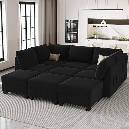Belffin Modular Sectional Sofa Bed with Storage, 9-Seater Velvet Reversible Sleeper Couch for Living Room, Black
