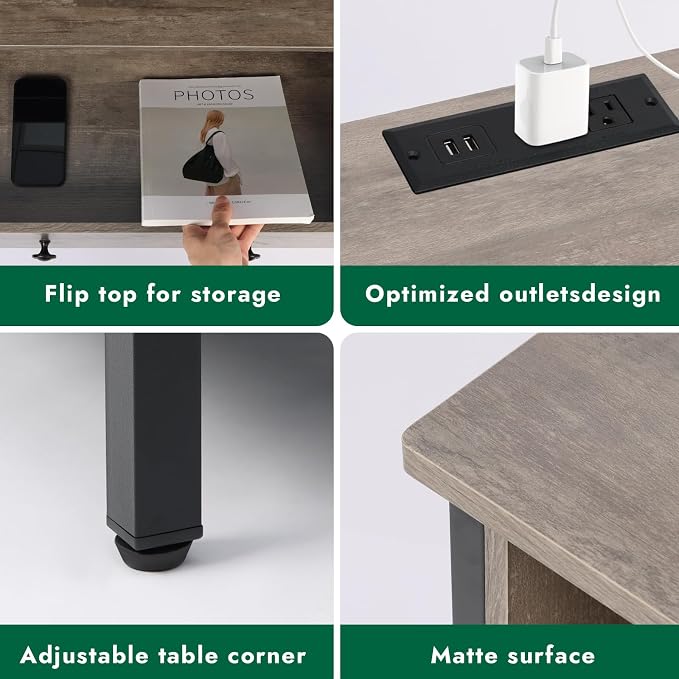 27 Inch LED Nightstand with Charging Station, 2 Drawers, Gray | Solid Wood and Steel Frame, 2 AC Outlets, 2 USB Ports, RGB App Control, Open Storage, Adjustable Feet, for Bedroom or Office
