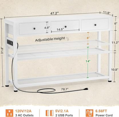 Ecoprsio 47'' Entryway Table with Outlets and USB Ports, Console Table with 3 Drawers, Sofa Table Narrow Long with Storage Shelves for Living Room, Couch, Hallway, Foyer, Kitchen Counter, White